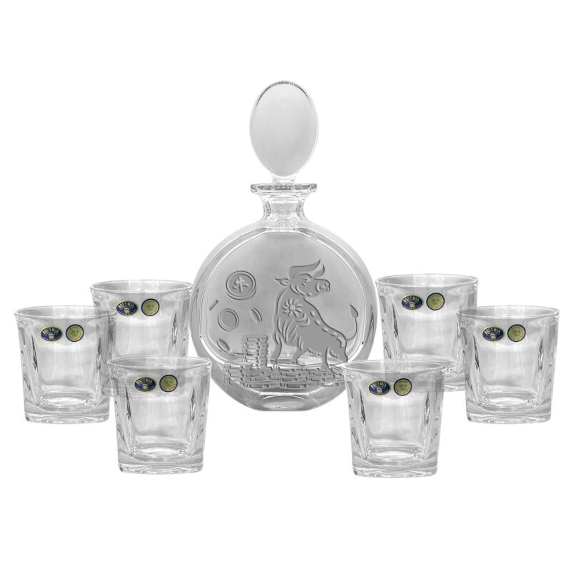 Bohemia Crystal Whisky Set ( 1 Decanter with Sandblasted Ox Motif + 6 Tumblers)