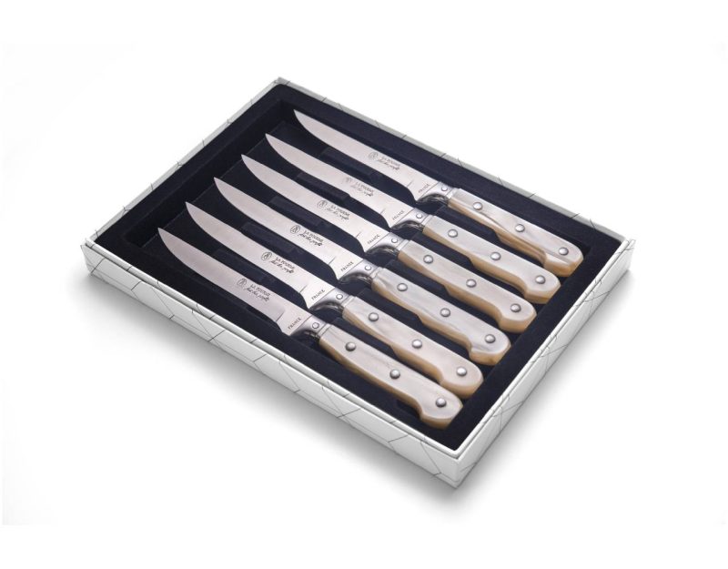 Laguiole Steak Knife Champagne Plexiglass Handle Set of 6 with Gift Box