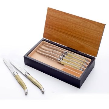 Laguiole Table Knife 25/10 Pale Hand-Engraved Handle Set of 6 with Luxury Box