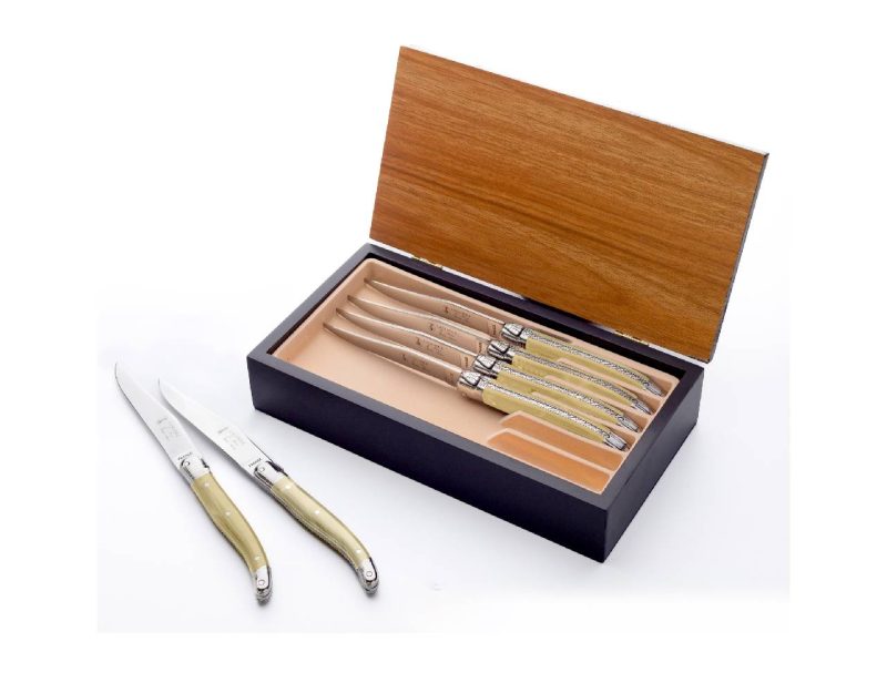 Laguiole Table Knife 25/10 Pale Hand-Engraved Handle Set of 6 with Luxury Box