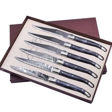 Laguiole Table Knife Black Marble Handle Set of 6 with Coffret Gift Box