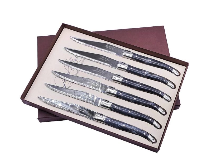 Laguiole Table Knife Black Marble Handle Set of 6 with Coffret Gift Box