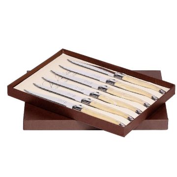 Laguiole Table Knife Pale Horn Handle Set of 6 with Coffret Gift Box