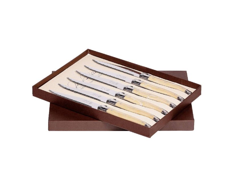 Laguiole Table Knife Pale Horn Handle Set of 6 with Coffret Gift Box