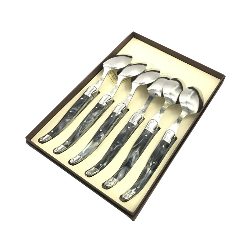 Laguiole Table Spoon Black Marble Handle Set of 6 with Coffret Gift Box