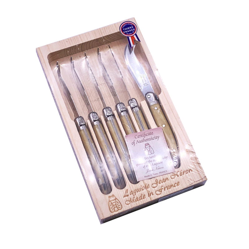 Laguiole Mini Cheese Knife Pale Horn Handle Set of 6 with Wooden Gift Box