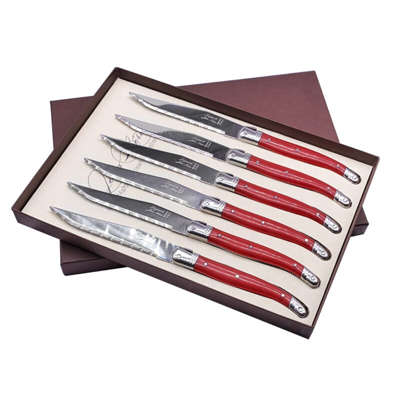 Laguiole Table Knife  Red Handle Set of 6 with Coffret Gift Box