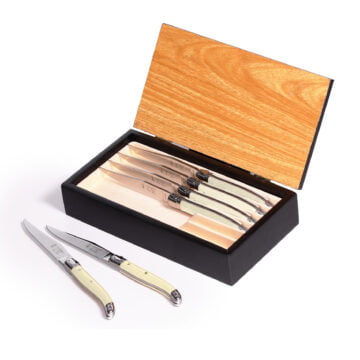 Laguiole Table Knife 25/10 Ivory Hand-Engraved Handle Set of 6 with Luxury Wooden Box