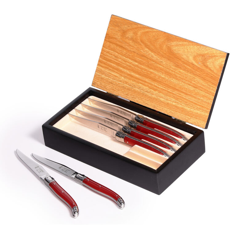 Laguiole Table knife 25/10 Red Handle Set of 6 with Wooden Luxury Gift Box