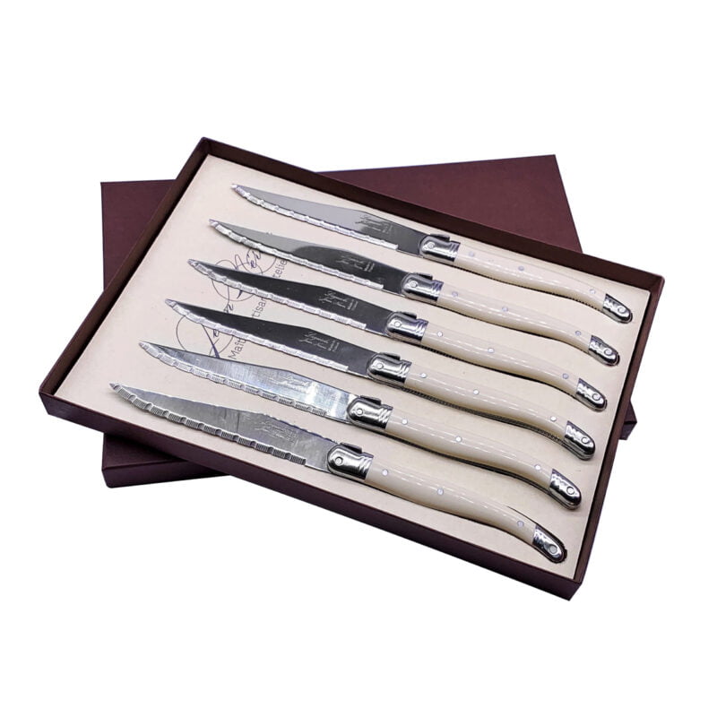 Laguiole Table Knife Ivory Handle Set of 6 with Coffret Gift Box