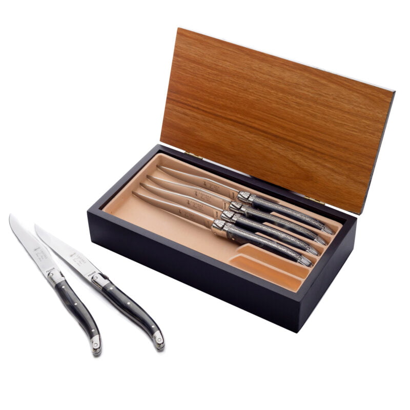 Laguiole Table Knife 25/10 Black Hand-Engraved Handle Set of 6 with Luxury Box