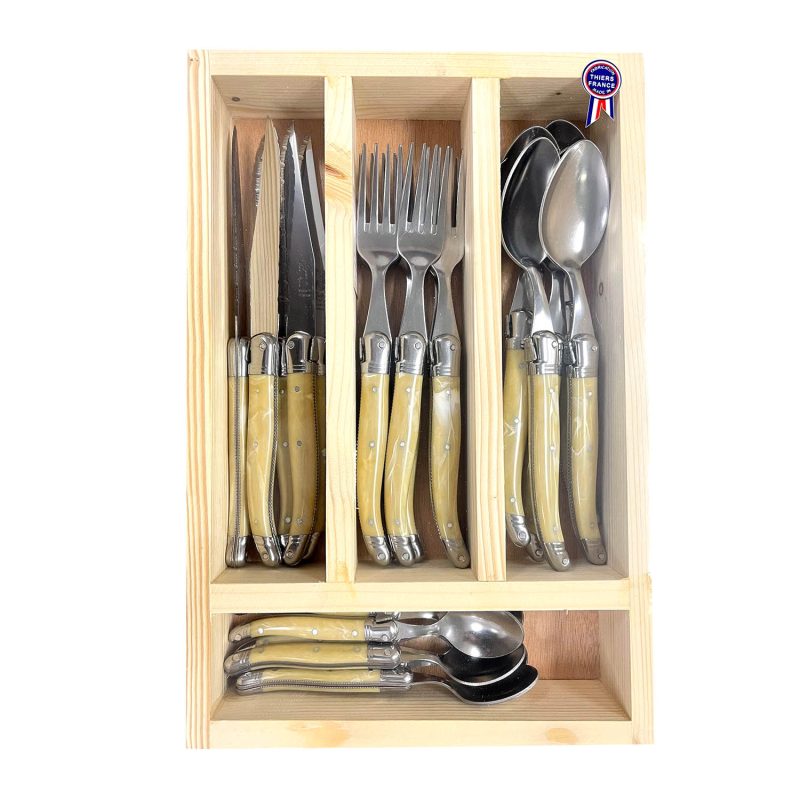 Laguiole Pale Horn Handle 24pieces Cutlery Set with Wooden Box