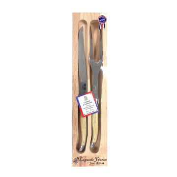 Laguiole Carving Set Pale Horn Handle with Wooden Gift Box