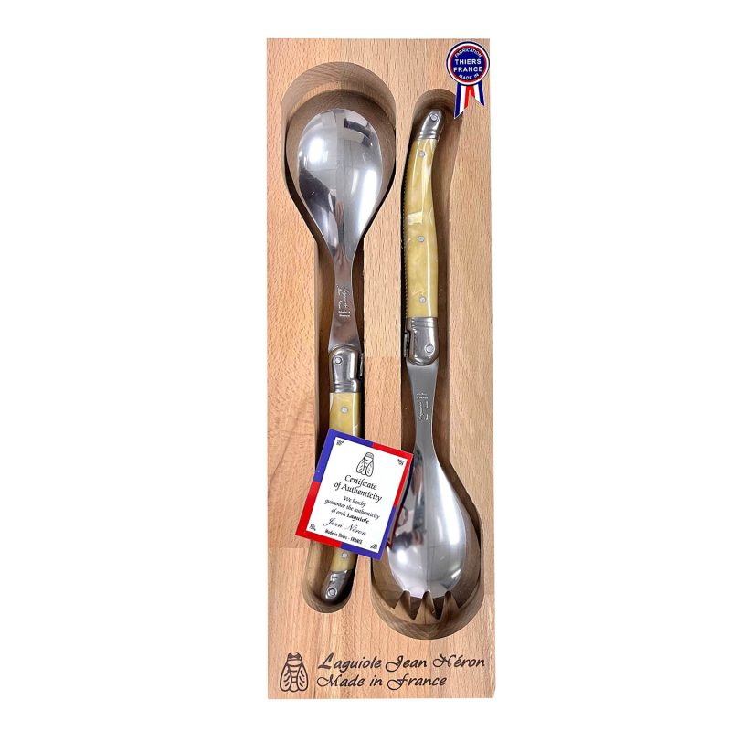 Laguiole Salad Server Pale Horn Handle with Wooden Gift Box