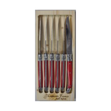 Neron Laguiole Table Knife 15/10 Red Handle Set of 6 with COFFRET Gift Box