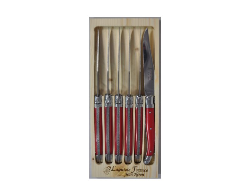 Neron Laguiole Table Knife 15/10 Red Handle Set of 6 with COFFRET Gift Box