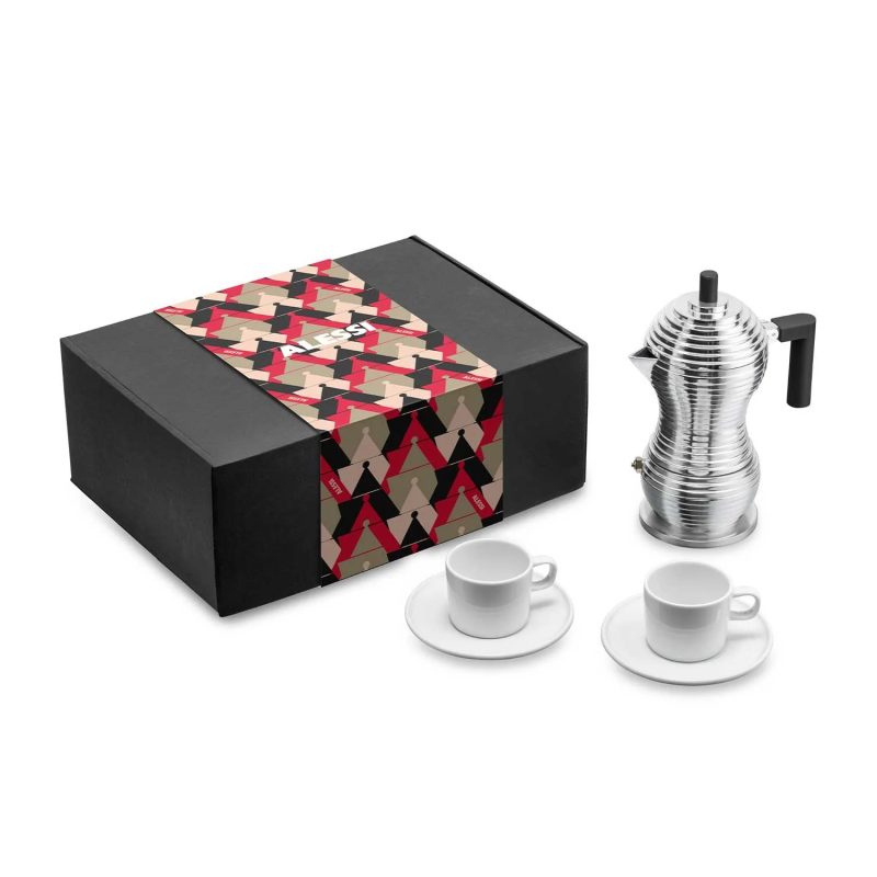 Alessi Coffee Gift Set (Pulcina Coffee Maker With Two Espresso Cups & Saucers)